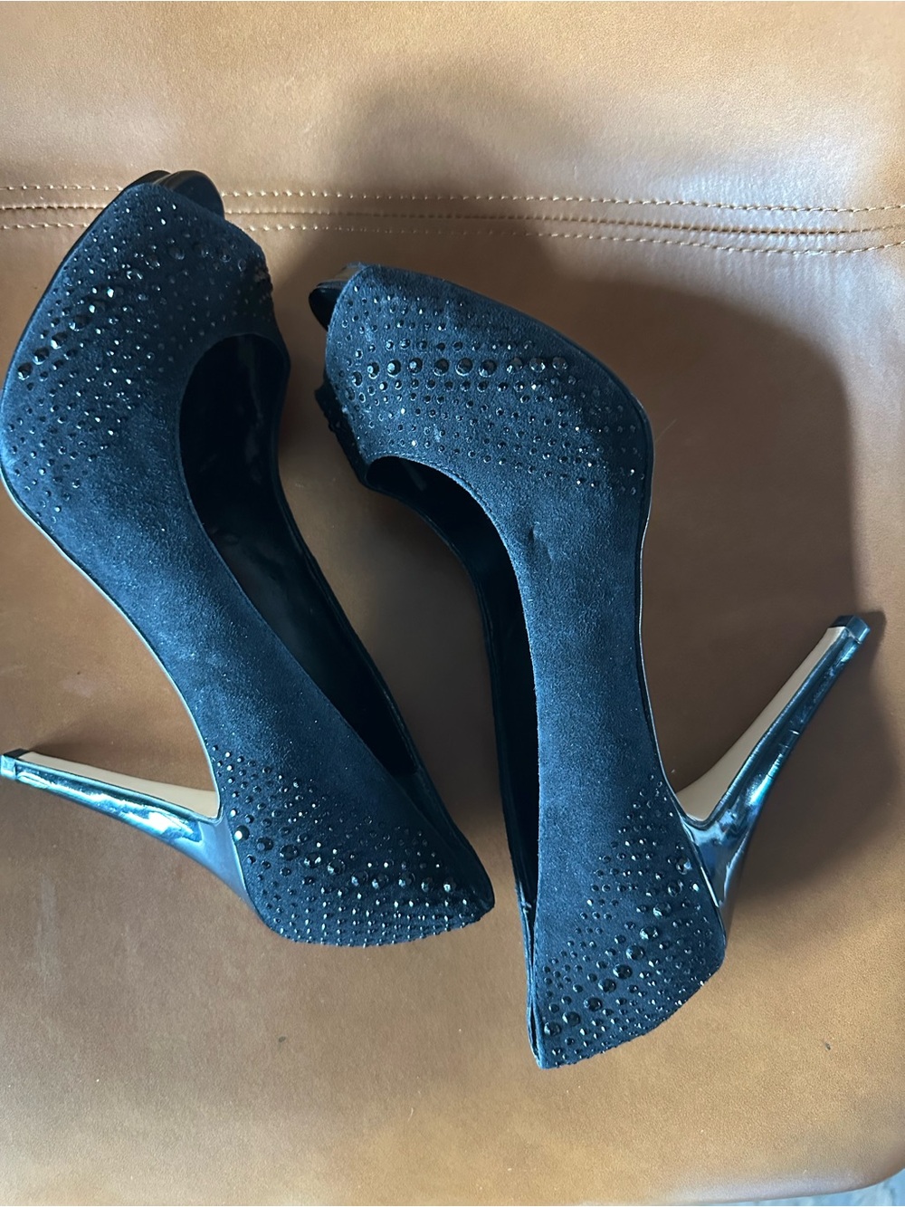 White House Black Market Black Rhinestone Peep Toe 9M Chrystol Party Stiletto - Picture 5 of 12